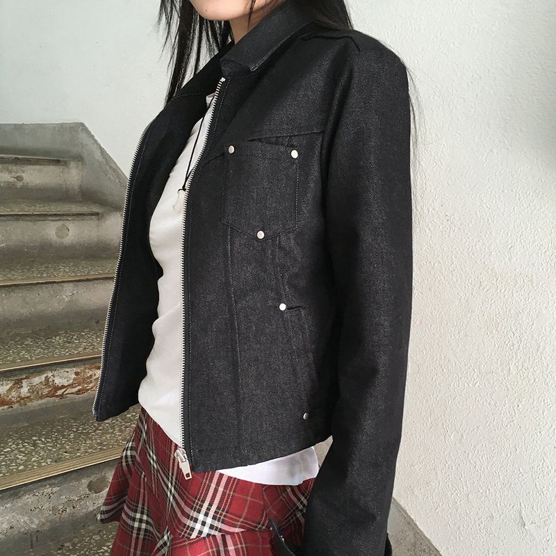 Locher rivet pocket slim cropped denim jacket