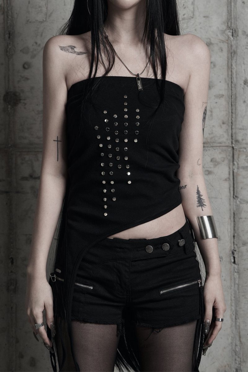 [label] studded asymmetric strap tank top BLACK