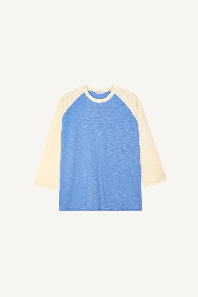 Slub color matching raglan three quarter T-shirt