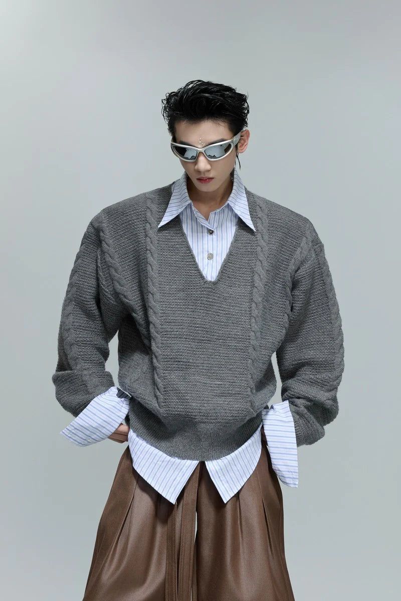 Layered V-Neck Cable Knit Sweater