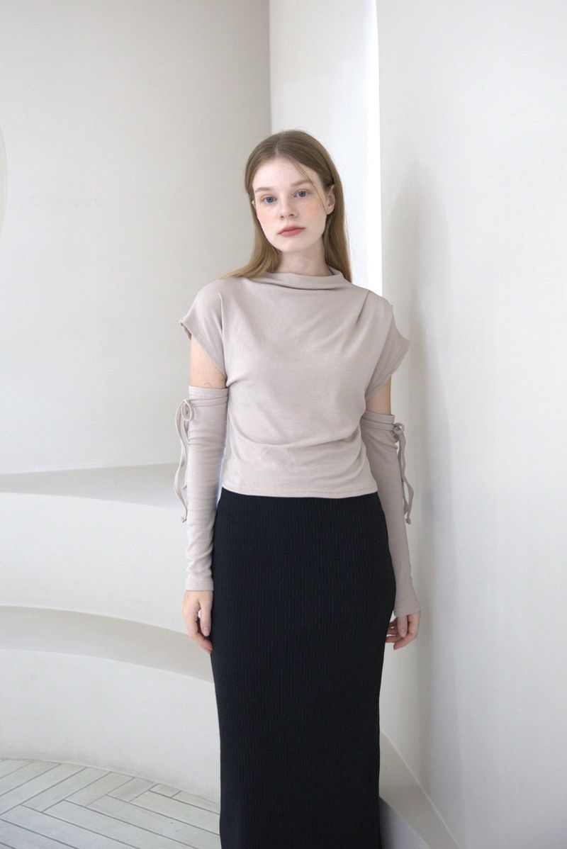 Half Neck Cut-out T-shirt Beige