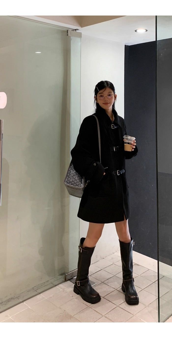 wool black collar buckle half coat