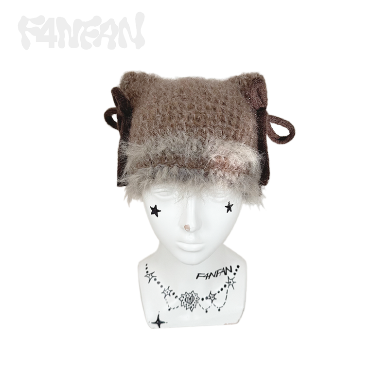 Handcrafted Crochet Cat Ear Beanie with Side Bows,Fluffy Long Fuzzy Brim, knit Cute Hat