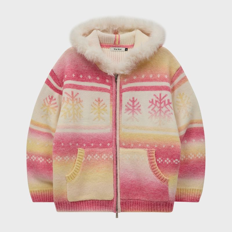 Snow Gradation Fur Hood Knit Zip Up