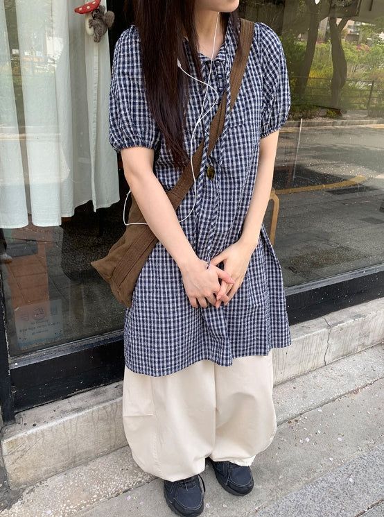 Zimo Check Button Puff Short Sleeve One Piece
