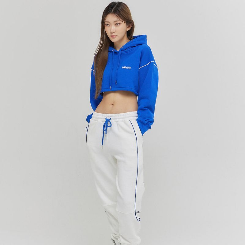 Oversize Line Point Crop Hoodie Blue