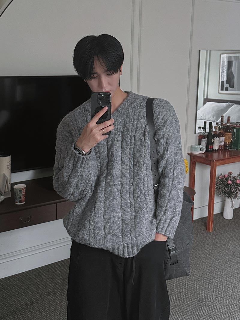 ASCLO Wool Craft Twist V Neck Knit (3color)