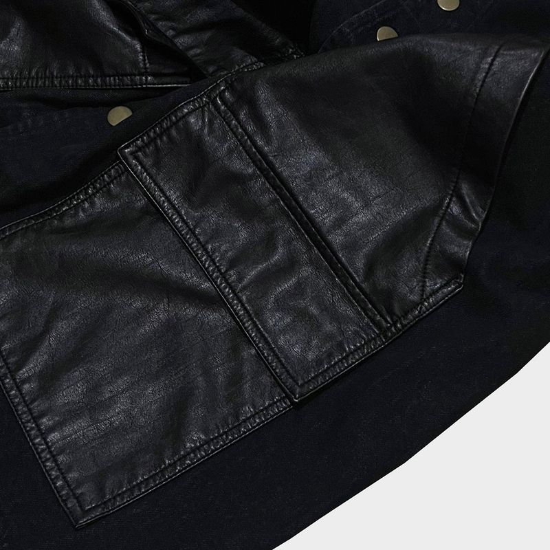 faux leather mix denim shirt_black