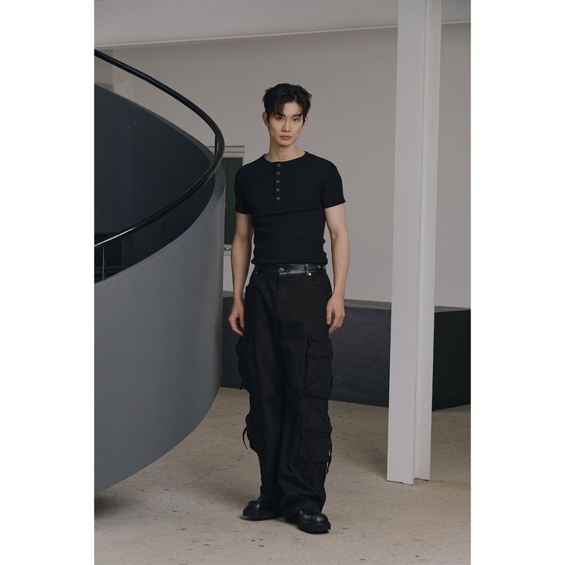 High ribbed henry neck half sleeves(Black)