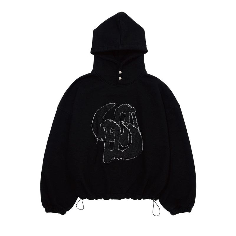 WASHED DENIM APPLIQUE SHORT HOODIE_BLACK