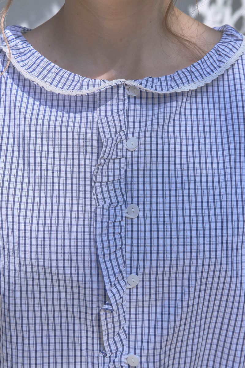 Frill Gingham Blouse [Blue]