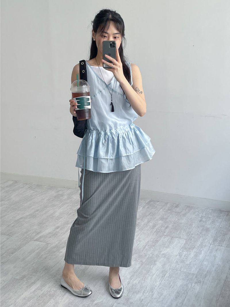 Tencel See-through Frill Sleeveless Blouse