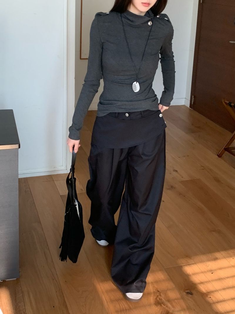 Close Pintuck Wrap Two Button High Waist Long Wide Pants