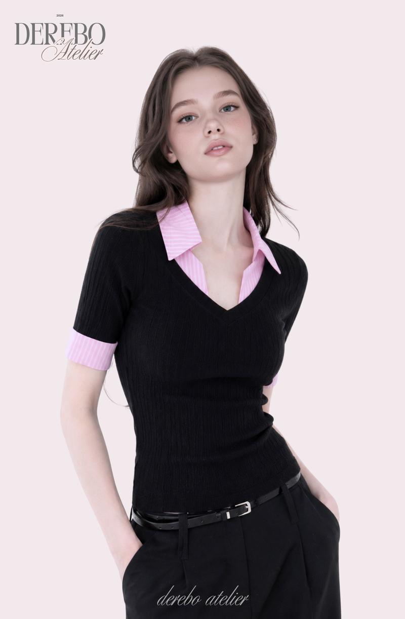 Pink black steady collar V top
