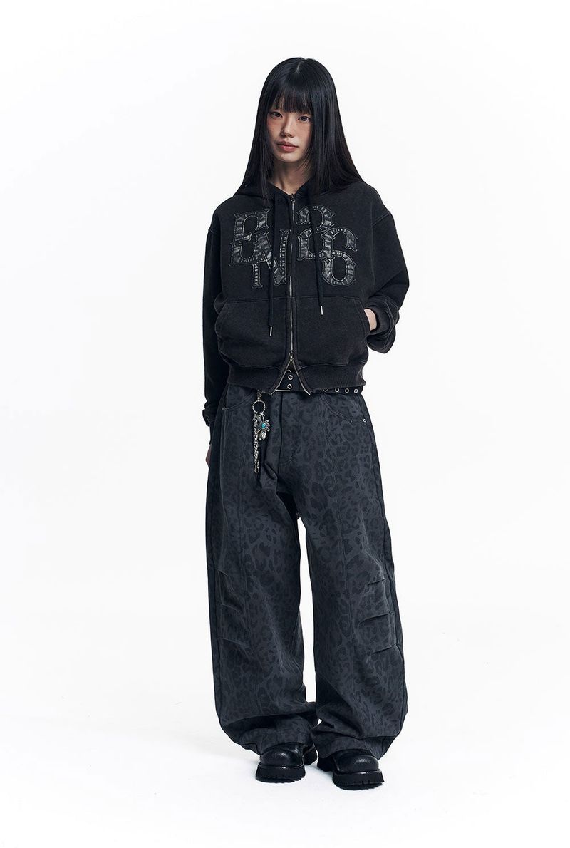 Curved Leopard Pants - Charcoal