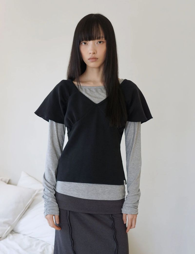 WRAP SHIRRING TOP(BLACK)
