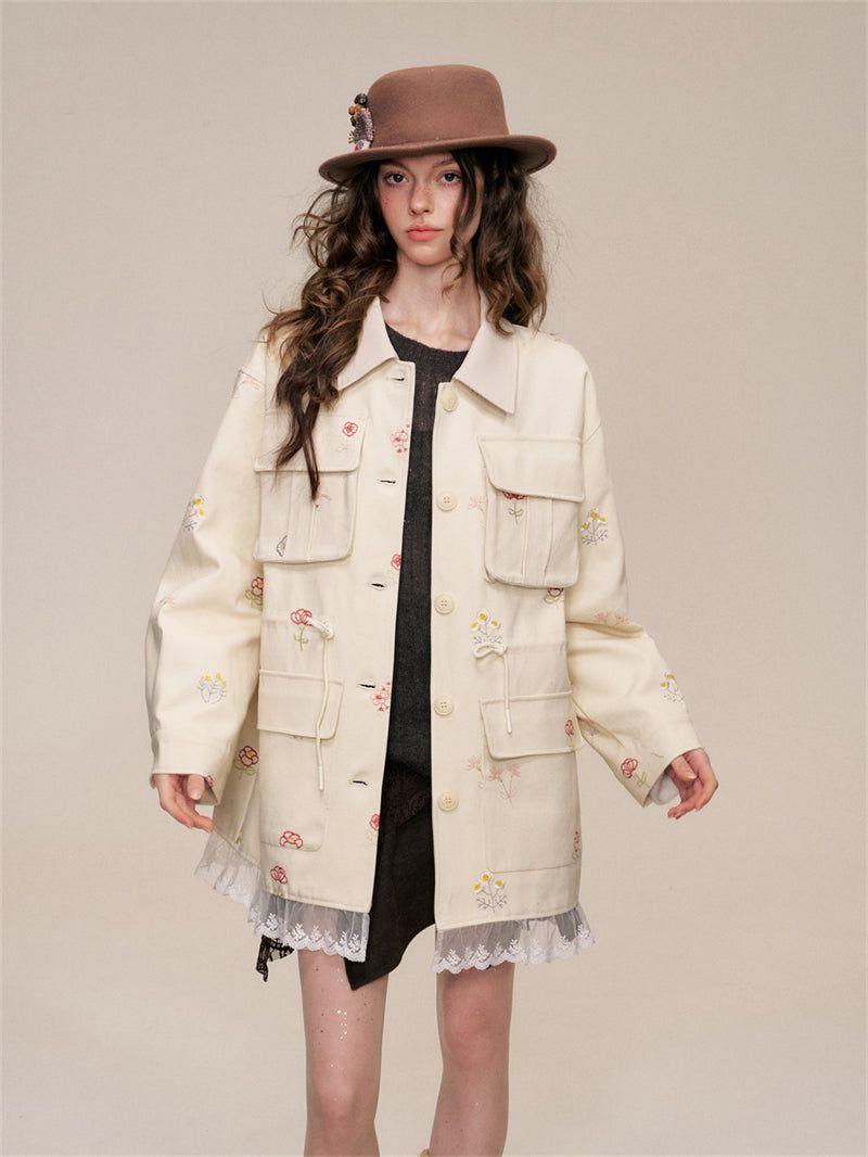 Floral Embroidery Cotton Cargo Jacket