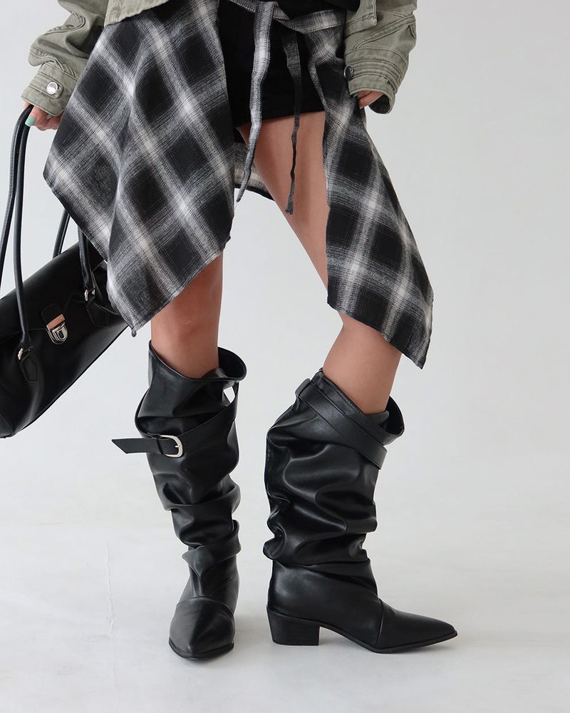 Wrinkle Shirring Belt Western Wide Long Boots