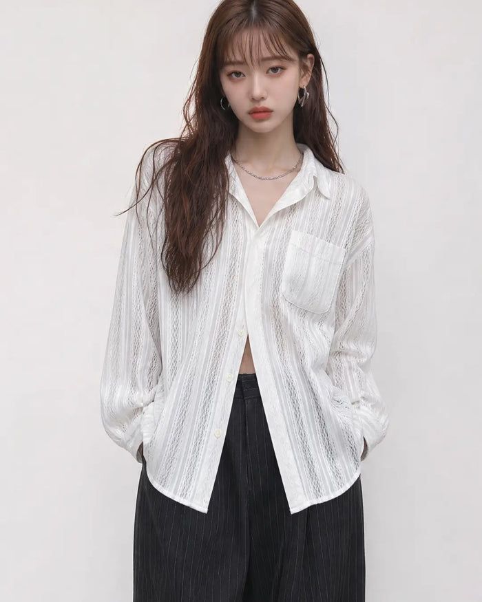 KIXI（キッシー）の「(UNISEX) Airy Lace Net Shirt（Tops）」