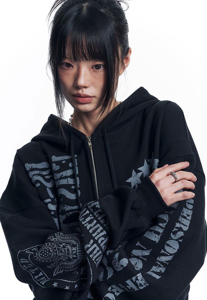 Marine Crack Print Hooded Zip-Up - Black