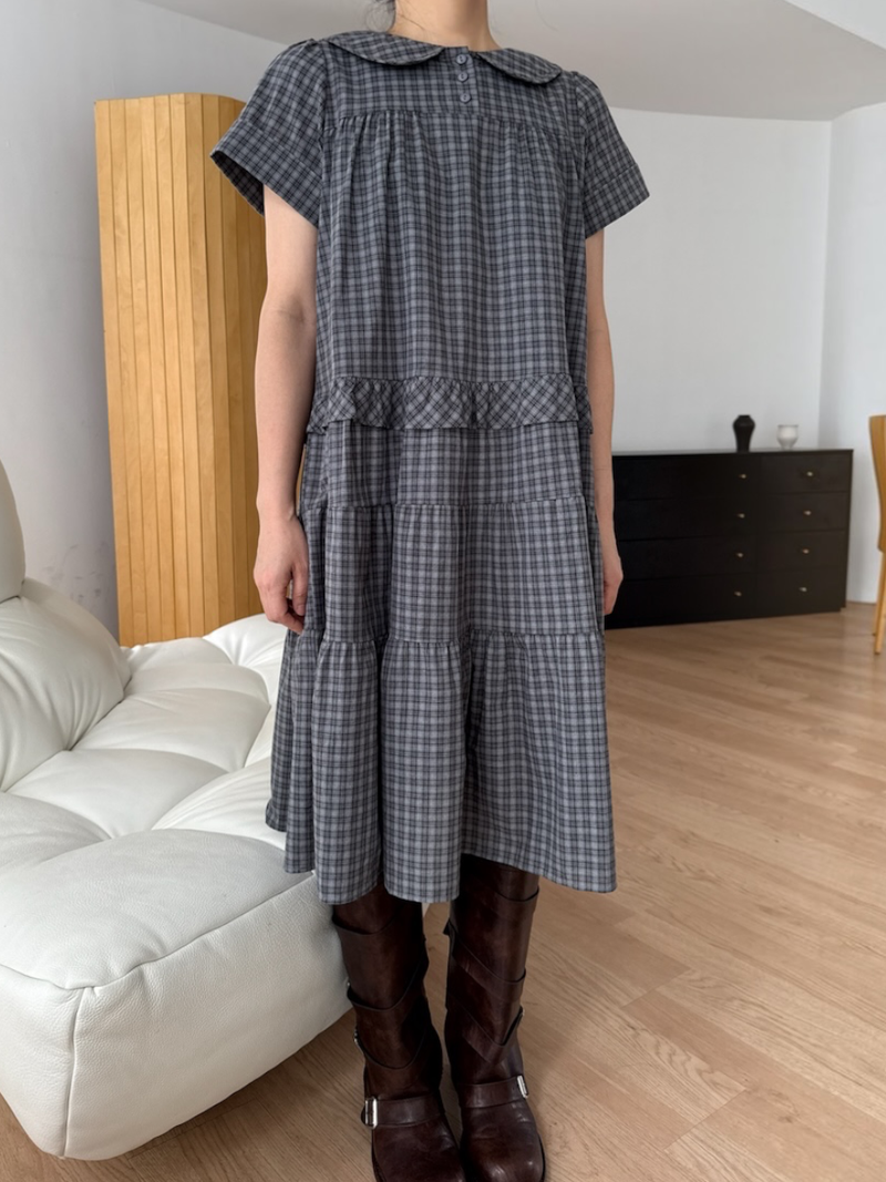 round collar check midi dress 