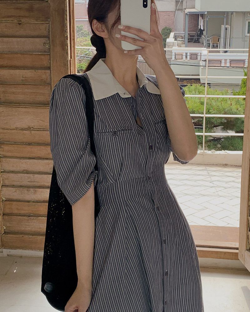 Moon collar striped long dress