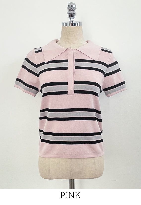 Oldin Stripe Collar Short Sleeve Knit