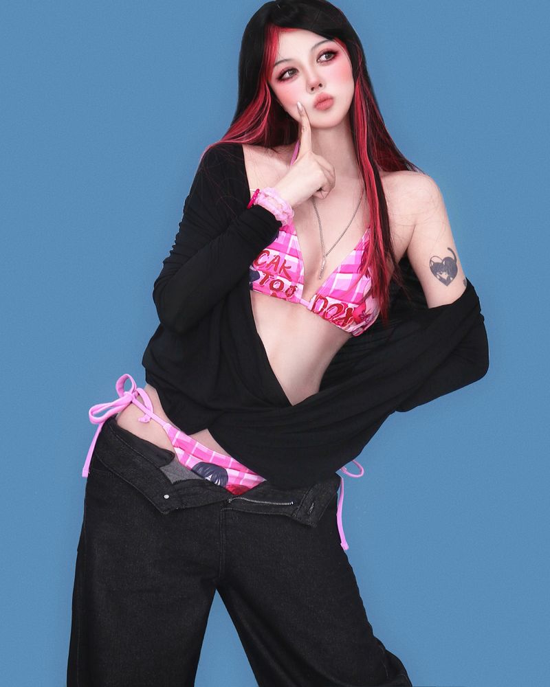 pink stone black denim pants