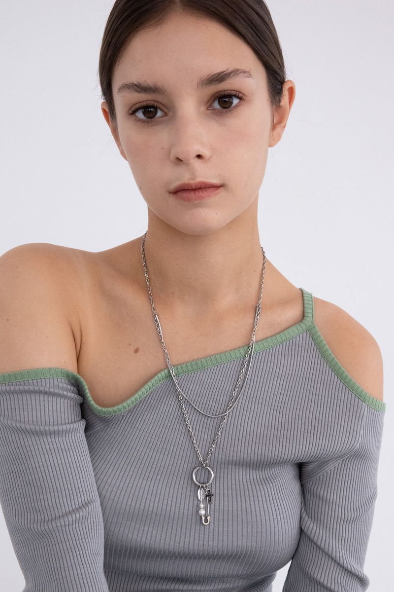 [Unisex] 2 different texture chain layered necklace