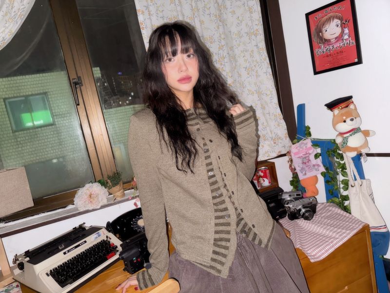(3color) Ruffle Stripe Layered Cardigan