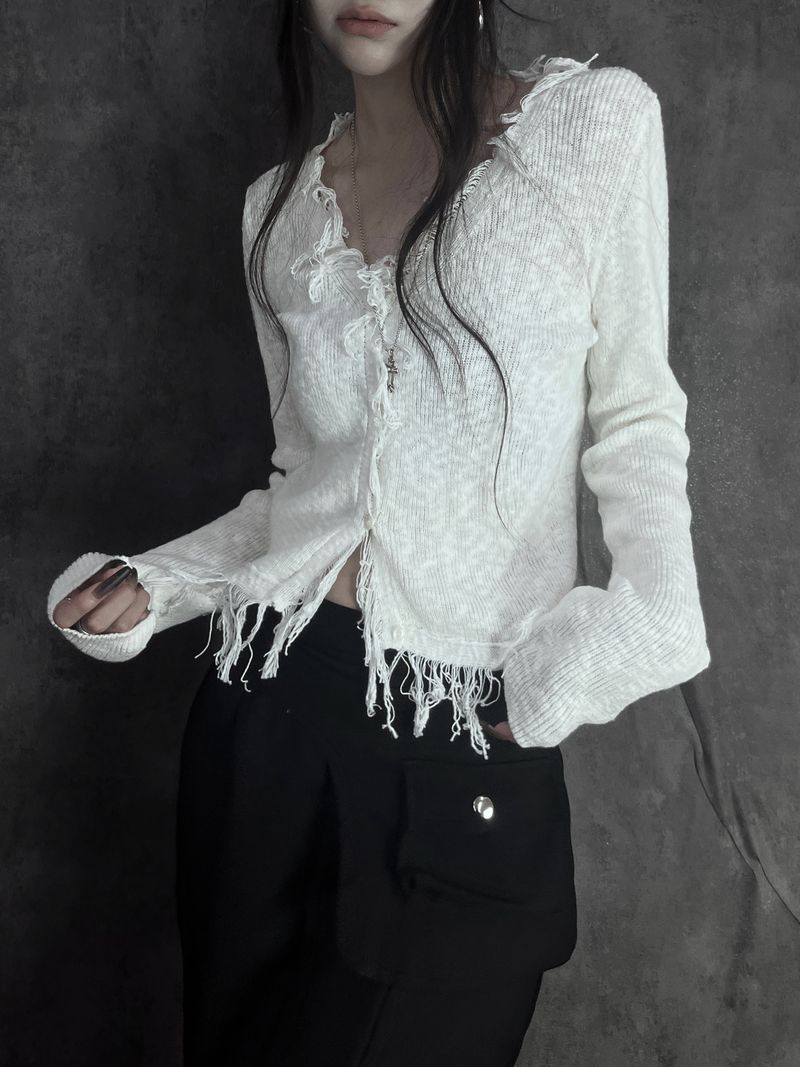 URBAN UNIQUE(アーバンユニーク)の「distressed fringe knit cardigan (2color)(Tops)」