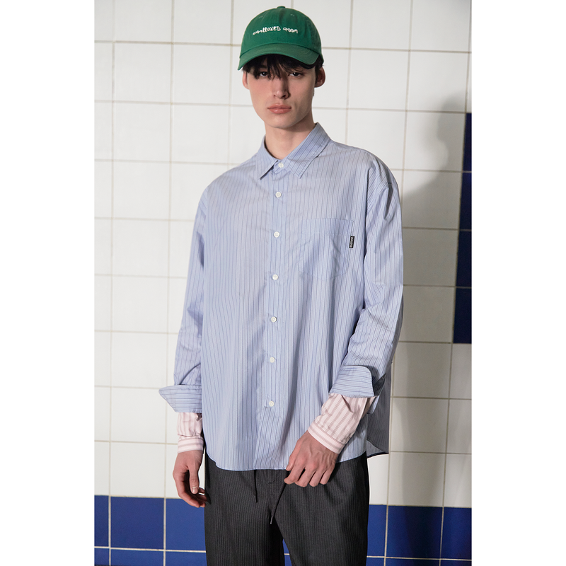 LAYERED CUFFS STRIPE SHIRT / BLUE