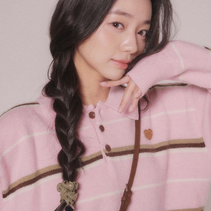 mellotory(メロートリー)の「STRIPE KNIT COLLAR SHIRT (LIGHT PINK)(Tops)」