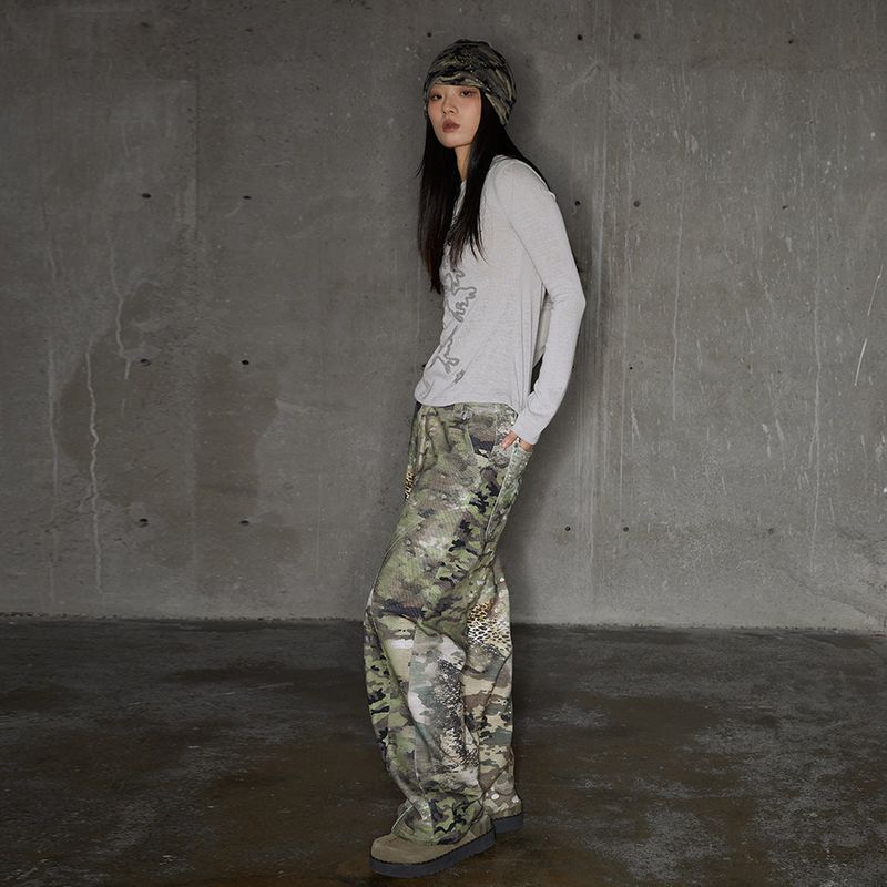  Camouflage leopard print split design loose straight trousers