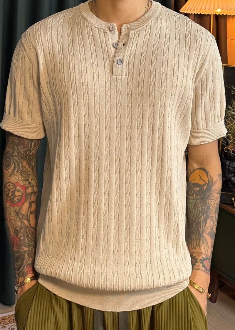 Cable Span Henley Neck Short Sleeve Knit 6COLOR
