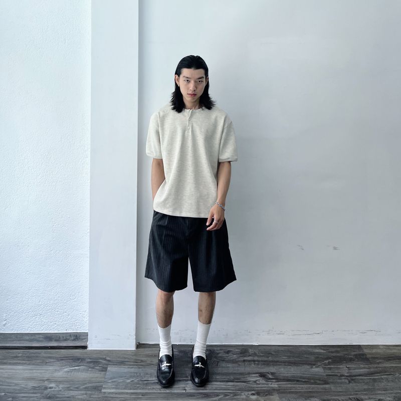 Button Shoulder Henley Waffle Tee