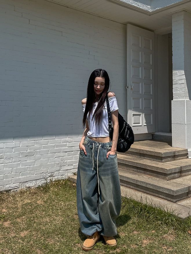 Fit String Banded Balloon Denim Pants