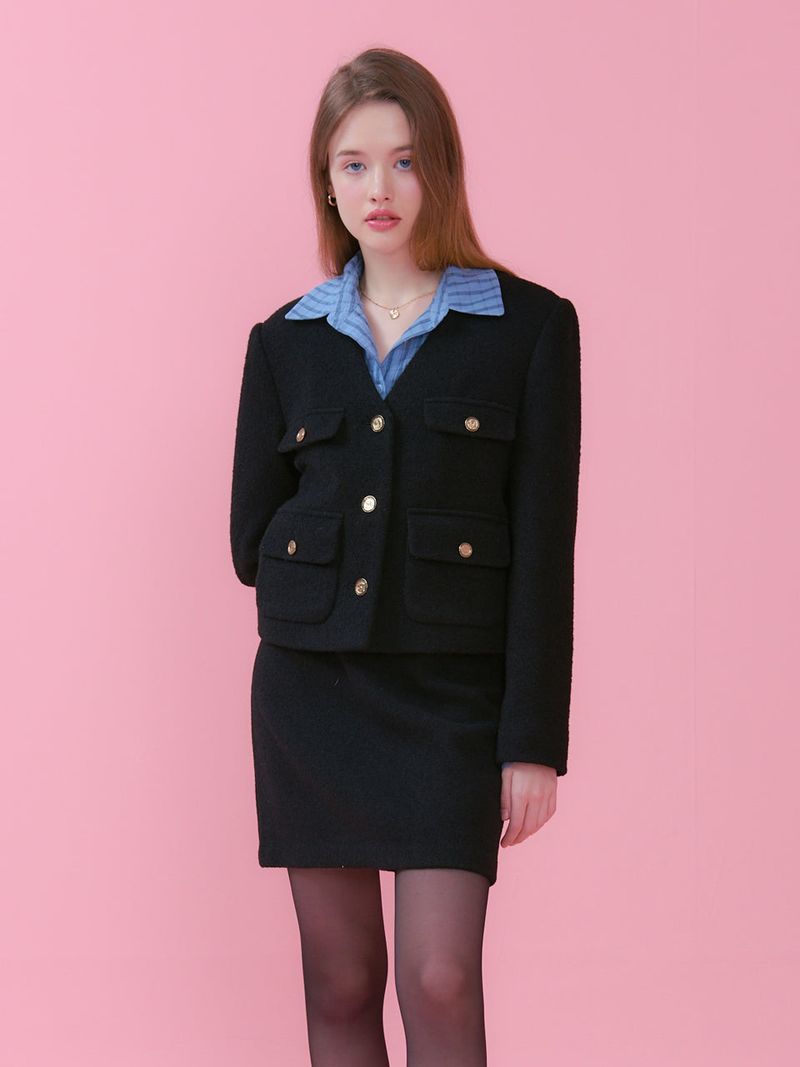 JENNY V NECK POCKET TWEED JACKET_BLACK