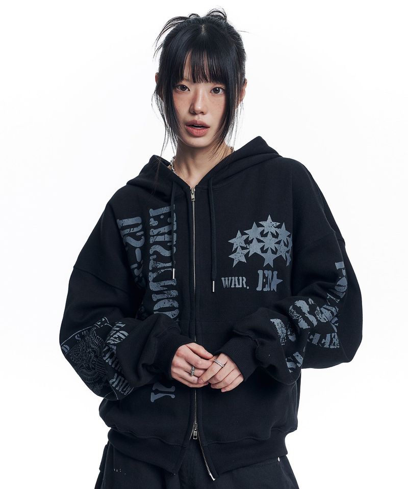 Marine Crack Print Hooded Zip-Up - Black