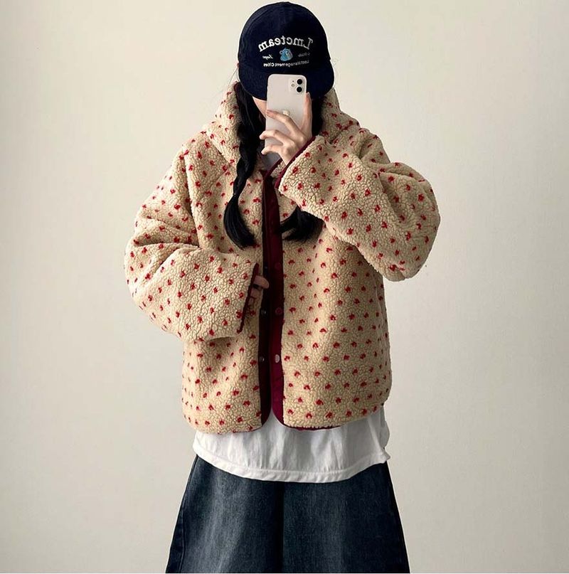 [Double-sided/Reversible*] PN Heart Pattern Fleece Hooded Jumper