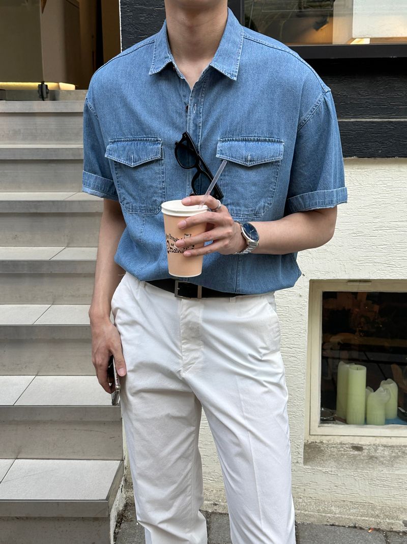 LMN Semi-Over Button Half Denim Shirt (2 colors)
