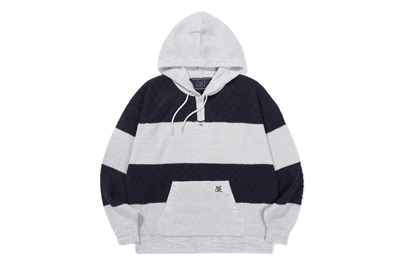 STRIPE RIB KNIT HOODIE_LIGHT GREY