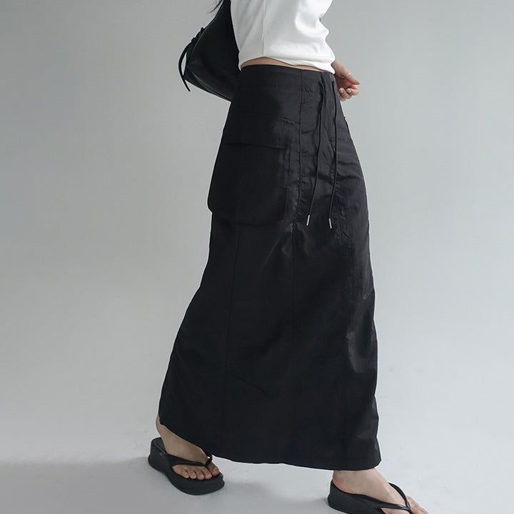  [made/free.xl] [Cheney] String A-Line Cargo Nylon Slit Long Skirt -5color