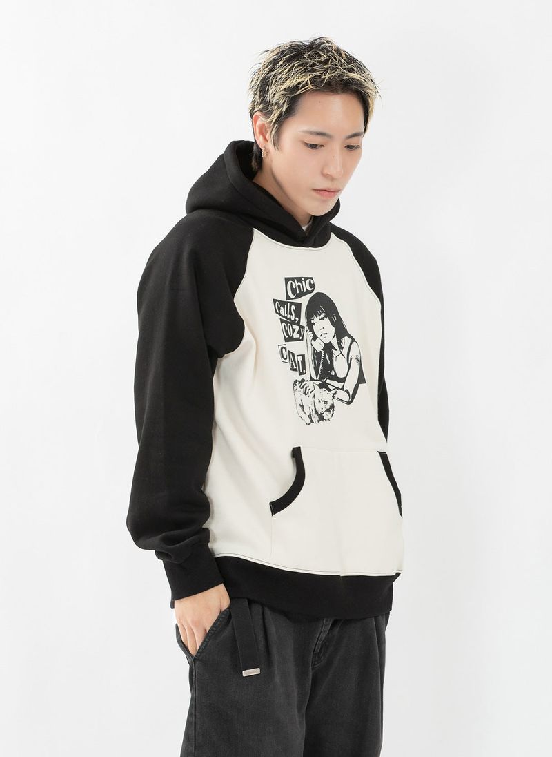 COZY CAT RAGLAN HOODIE (BLACK BEIGE)