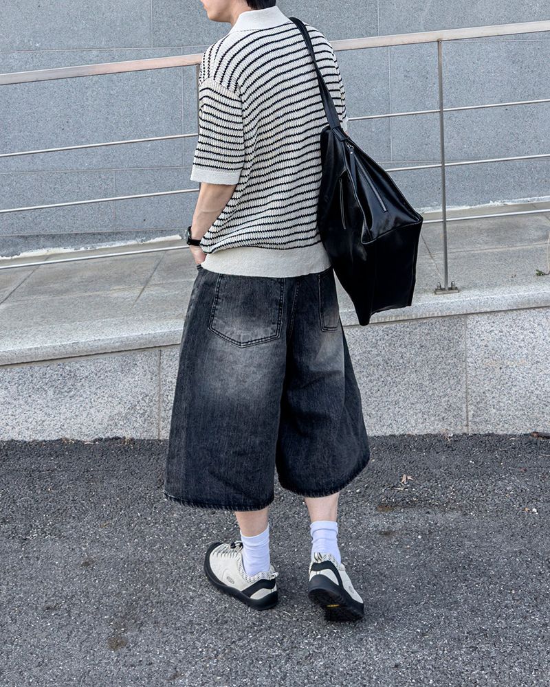 Windy Buckle Stripe Collar Short Sleeve Knit