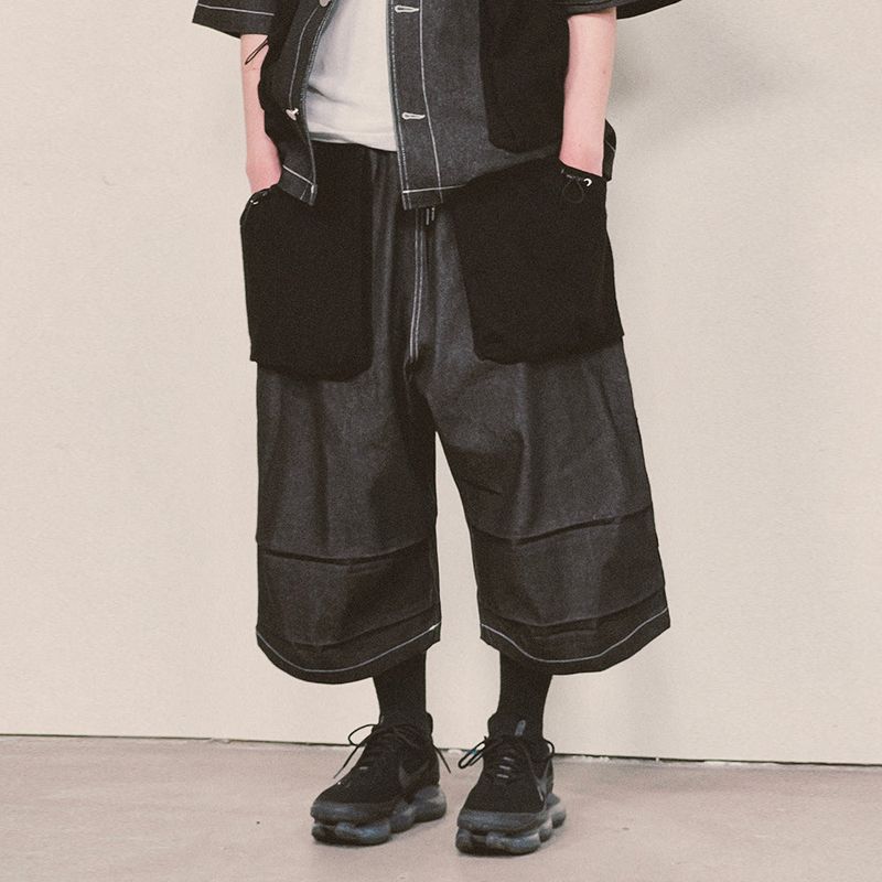 reverse terry pocket denim capri shorts_black