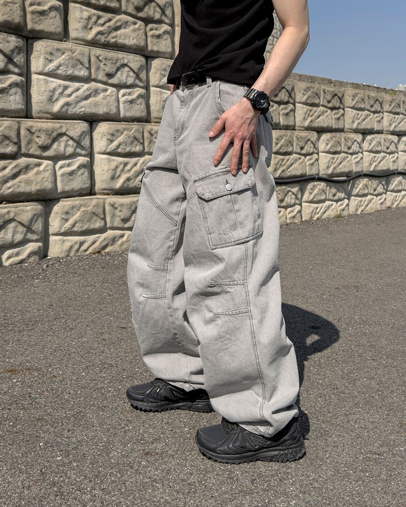Bion Gray Wash Cargo Denim Pants