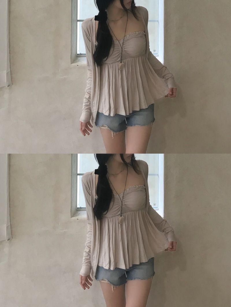 Needs Inner Cap Lace Flare Top & Cardigan SET