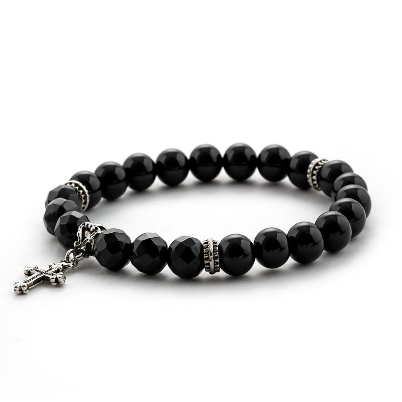 C22SVB-1002 Natural Stone Black Cutting Cross Onyx Bead Bracelet