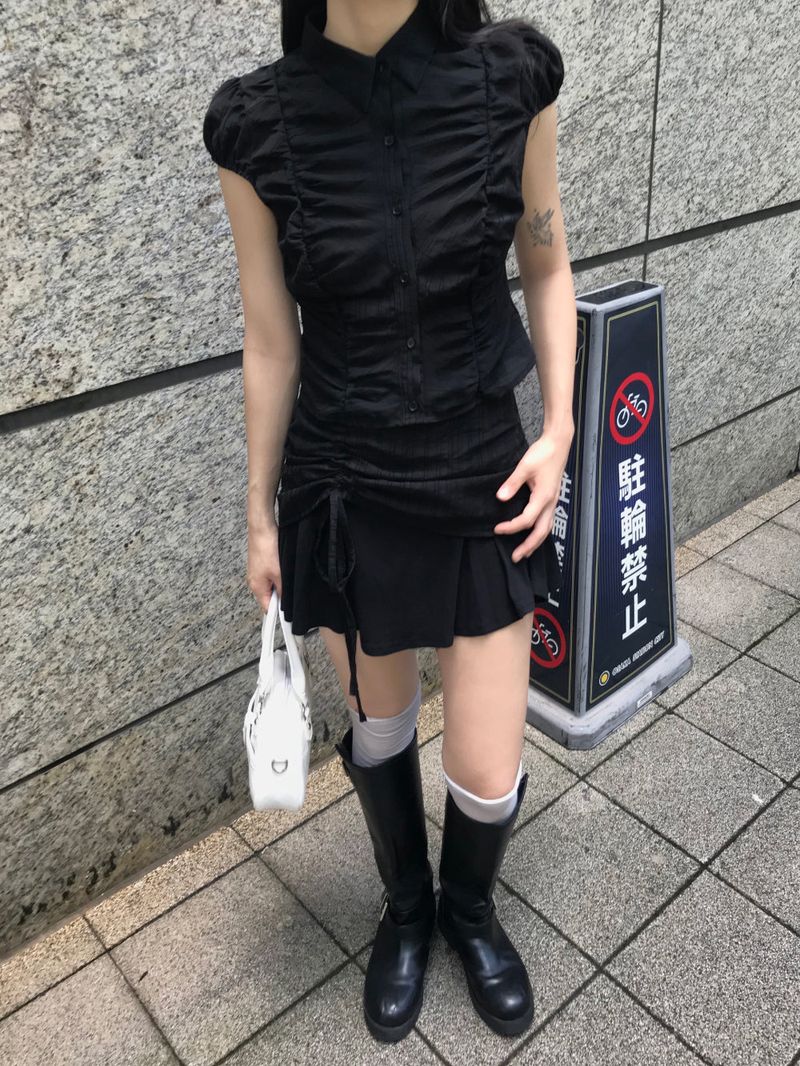 City Class Sheer Shirring HAlf Shirt& Skirt SET 